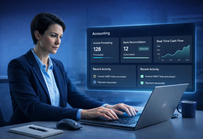 Accounting automation dashboard showing invoice processing, bank reconciliation, and real-time cash flow insights for businesses
