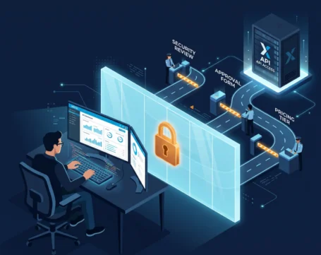 API access workflow with security review, approval process, and pricing tier setup for secure integration and data access