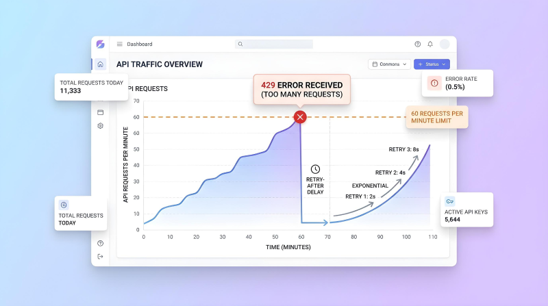 API rate limits and throttling dashboard showing error handling, retry strategy, request limits, and performance monitoring