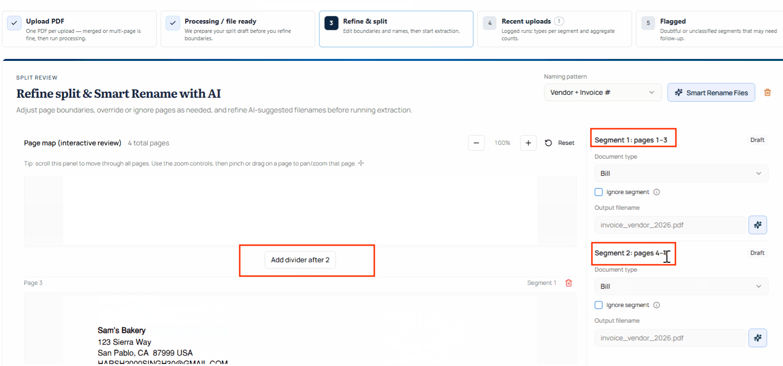 Auto Split interface showing the system automatically detecting boundaries between invoices in a bundled PDF