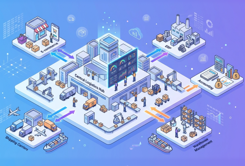 Central logistics hub integrating ERP, ecommerce, accounting, shipping, and warehouse systems with real-time data flow and automation