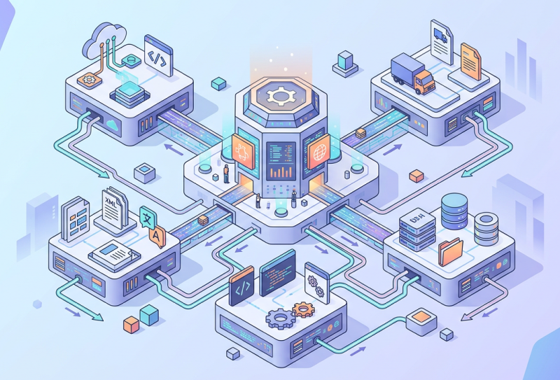 Integration architecture diagram showing API, middleware, and data flow between systems for scalable enterprise connectivity and automation