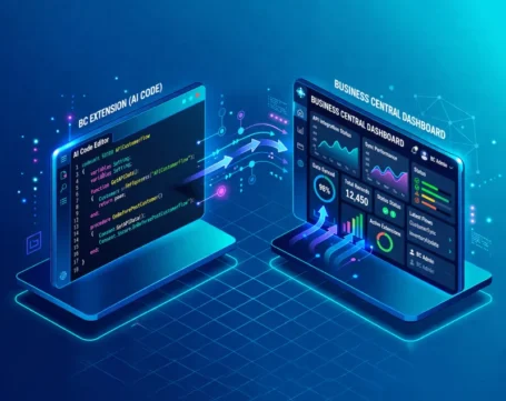 Business Central AL code extension with API integration syncing data to dashboard with real-time analytics and performance