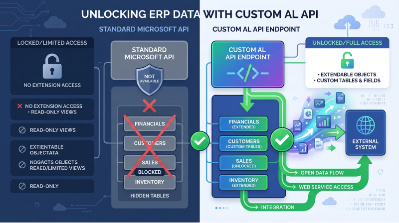 Business Central custom AL API vs standard API showing extended data access, custom tables, and integration with external systems