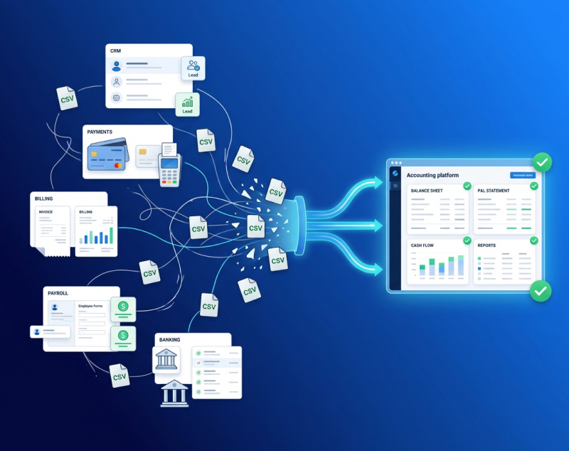 CSV data integration from CRM, billing, payroll, and banking into accounting platform for automated financial reporting