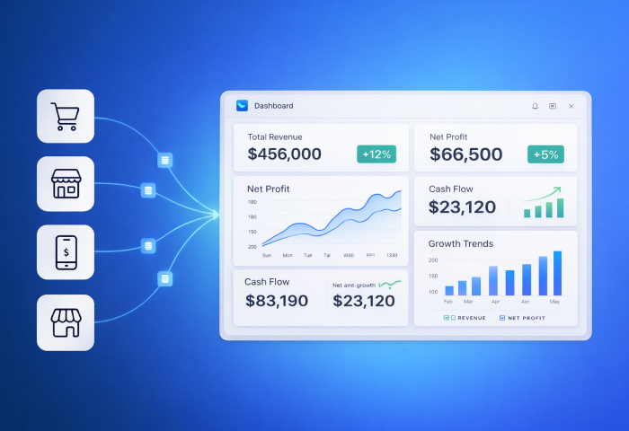 eCommerce data integration dashboard showing revenue, profit, cash flow, and growth analytics from multiple sales channels