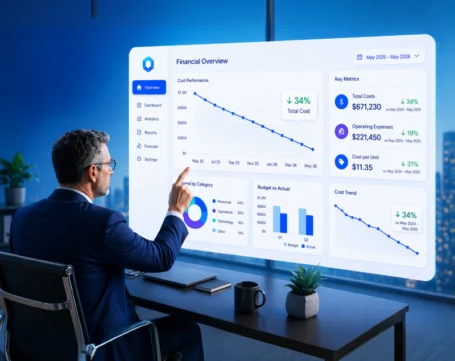Financial dashboard overview showing cost trends key metrics and analytics for business performance and real time insights