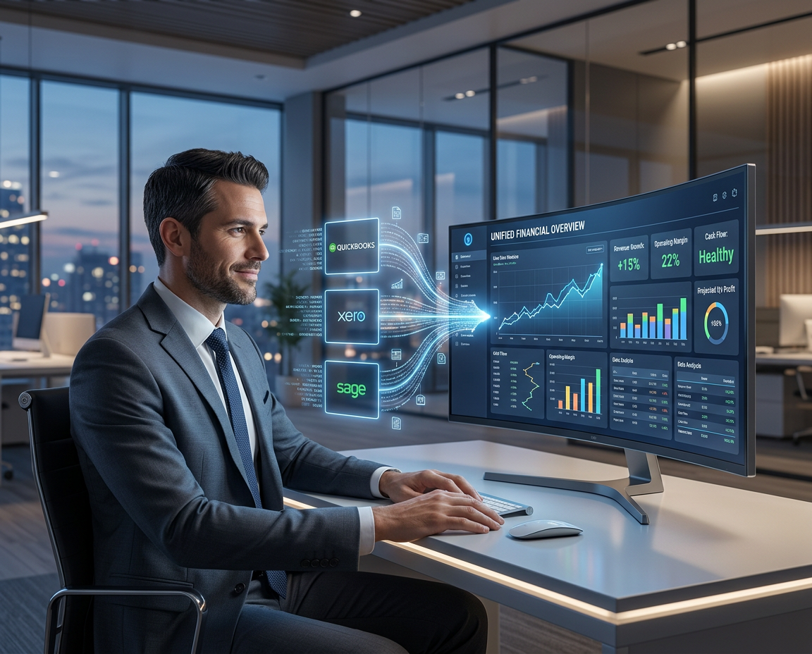 Financial dashboard integrating QuickBooks, Xero, and Sage showing unified analytics, reporting, and real time business insights