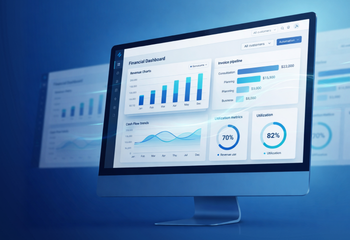 Financial dashboard showing revenue charts, cash flow trends, invoice pipeline, and utilization metrics for business analytics