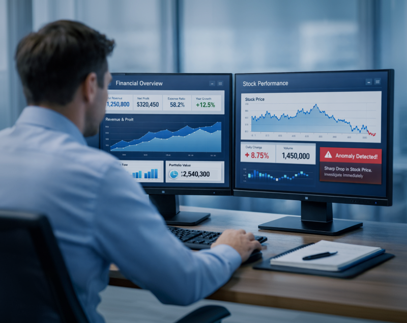 Financial dashboard with stock performance analytics and anomaly detection alerts showing revenue trends and risk insights
