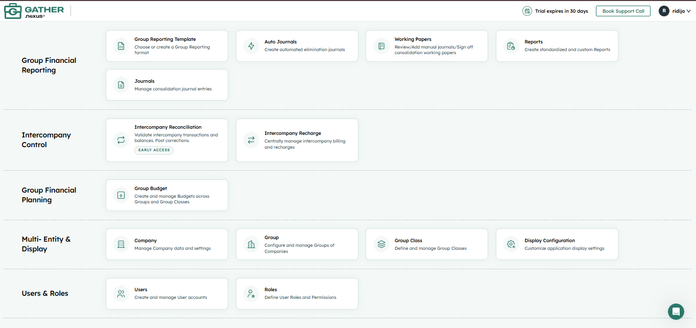 Gather.nexus multi-entity financial consolidation dashboard showing automated intercompany eliminations