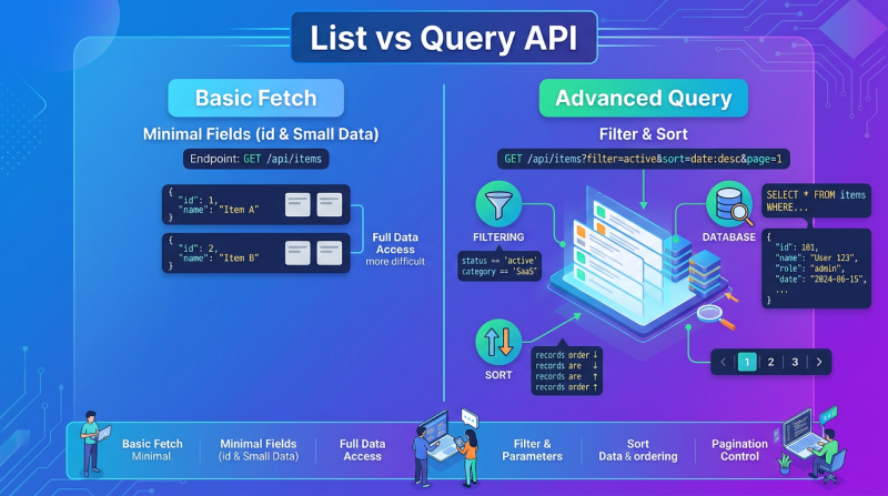 List vs query API comparison showing basic fetch, advanced filtering, sorting, pagination, and database query optimization