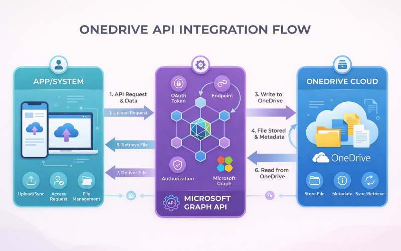 OneDrive API integration flow using Microsoft Graph with OAuth authentication, file upload, retrieval, and cloud storage