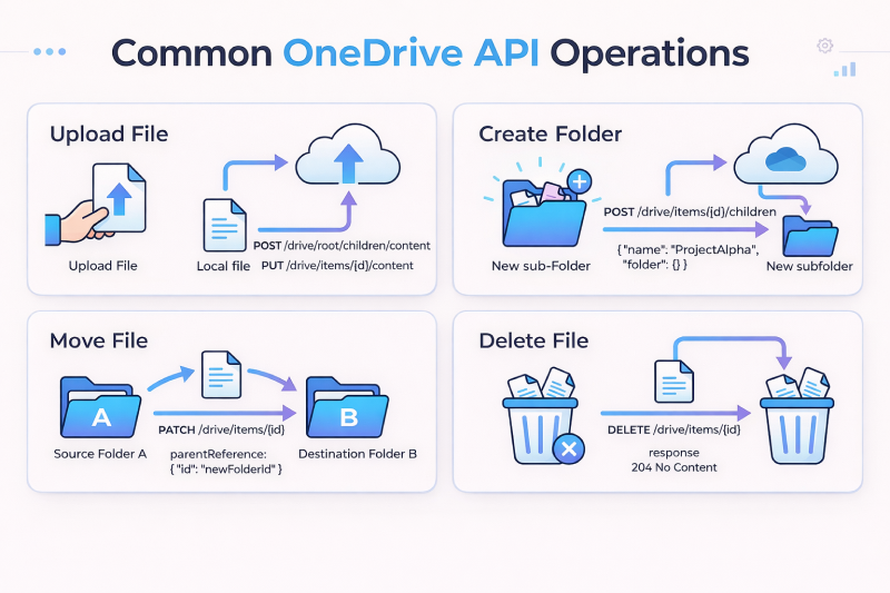 Common OneDrive API operations including file upload, folder creation, move file, and delete file using Microsoft Graph