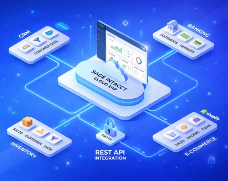 Sage Intacct cloud ERP with REST API integration connecting CRM, banking, inventory, and eCommerce for unified data flow