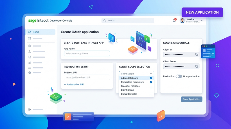 Sage Intacct developer console creating OAuth application with client credentials, redirect URI, and API integration setup
