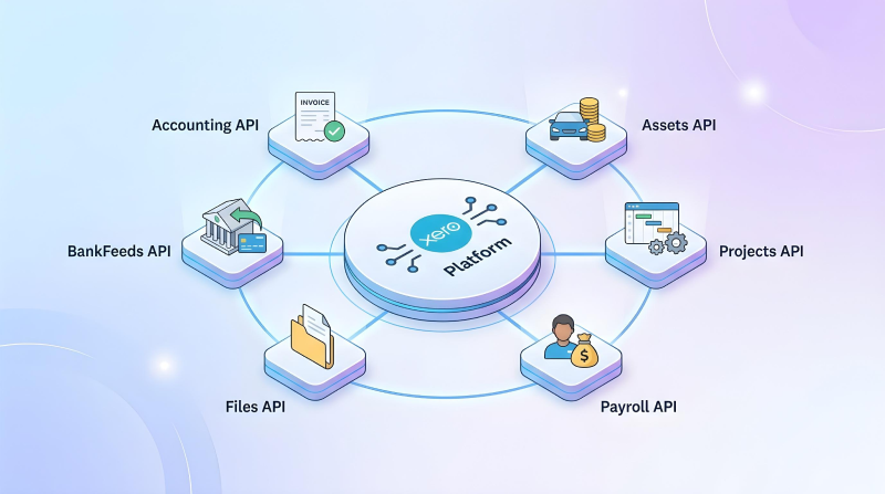 Xero API overview showing accounting, payroll, projects, assets, files, and bank feeds integration within cloud platform