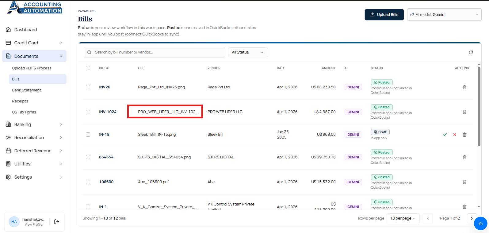 Accounting Automation cloud app Payables > Bills page listing invoices with vendor, date, amount, AI status (Gemini), and status (Posted, Draft), highlighting INV-1024 from PRO WEB LIDER LLC.