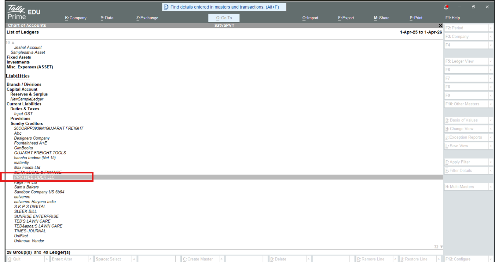 Tally Prime Chart of Accounts > List of Ledgers showing PRO WEB LIDER LLC under Sundry Creditors, highlighted to mark a ledger created in the cloud and synced into Tally by the connector.