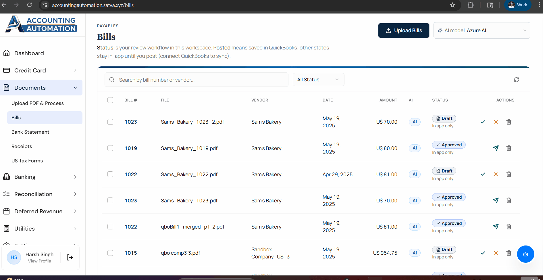 Accounting automation bills dashboard with AI invoice processing approval workflow PDF uploads and QuickBooks sync