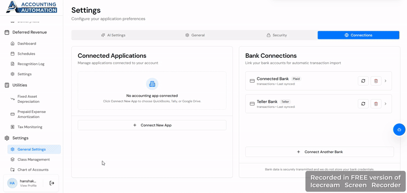 Accounting automation settings screen with connected apps, bank integrations, and financial connection management panel