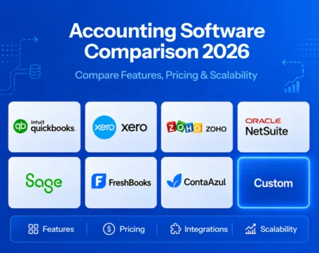 Accounting software comparison featuring QuickBooks, Xero, Zoho, NetSuite, Sage, FreshBooks, and custom ERP solutions.