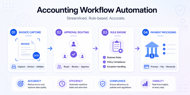 Accounting workflow automation process with OCR invoice capture approval routing rule engine and payment processing