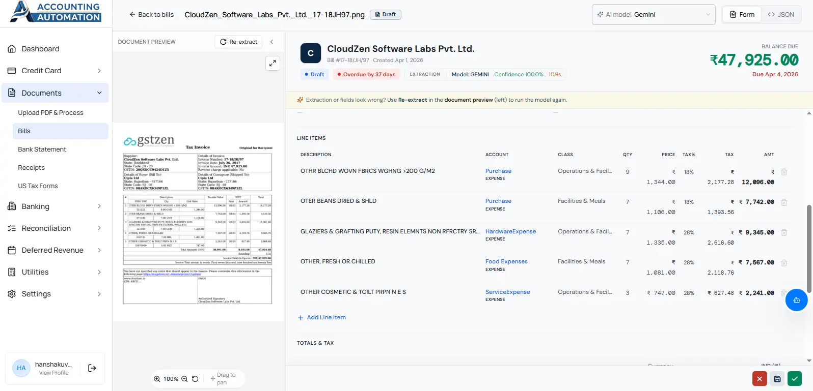 AI bill extraction interface with invoice preview, automated line-item mapping, and accounting expense categorization