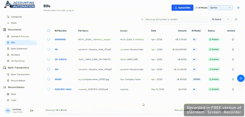 AI-powered bills dashboard with invoice extraction, accounting workflow statuses, and automated document processing