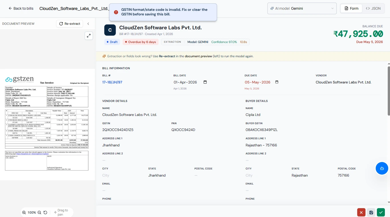 AI invoice extraction screen with GST validation, bill details review, and automated accounting data processing form