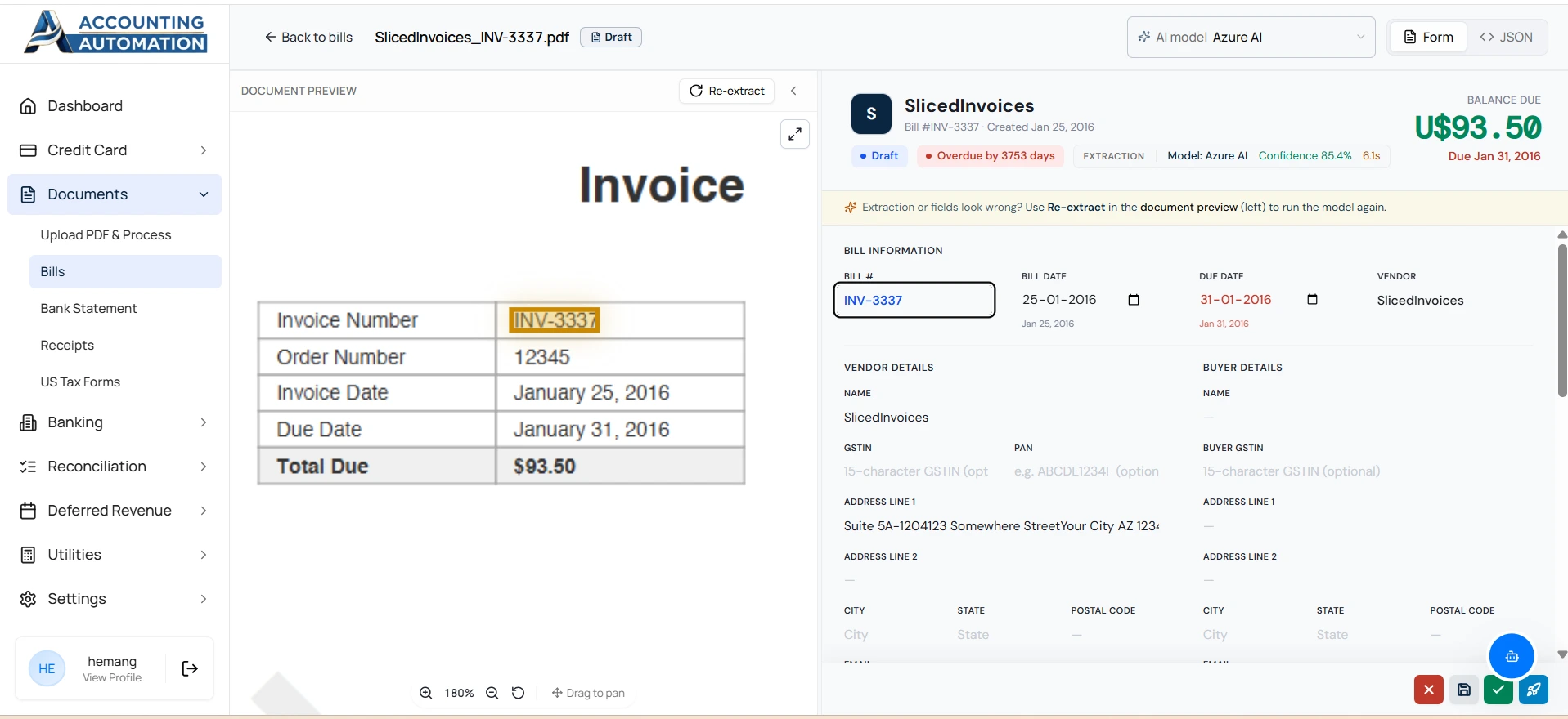AI invoice extraction dashboard with OCR bill processing automated data capture and financial document management