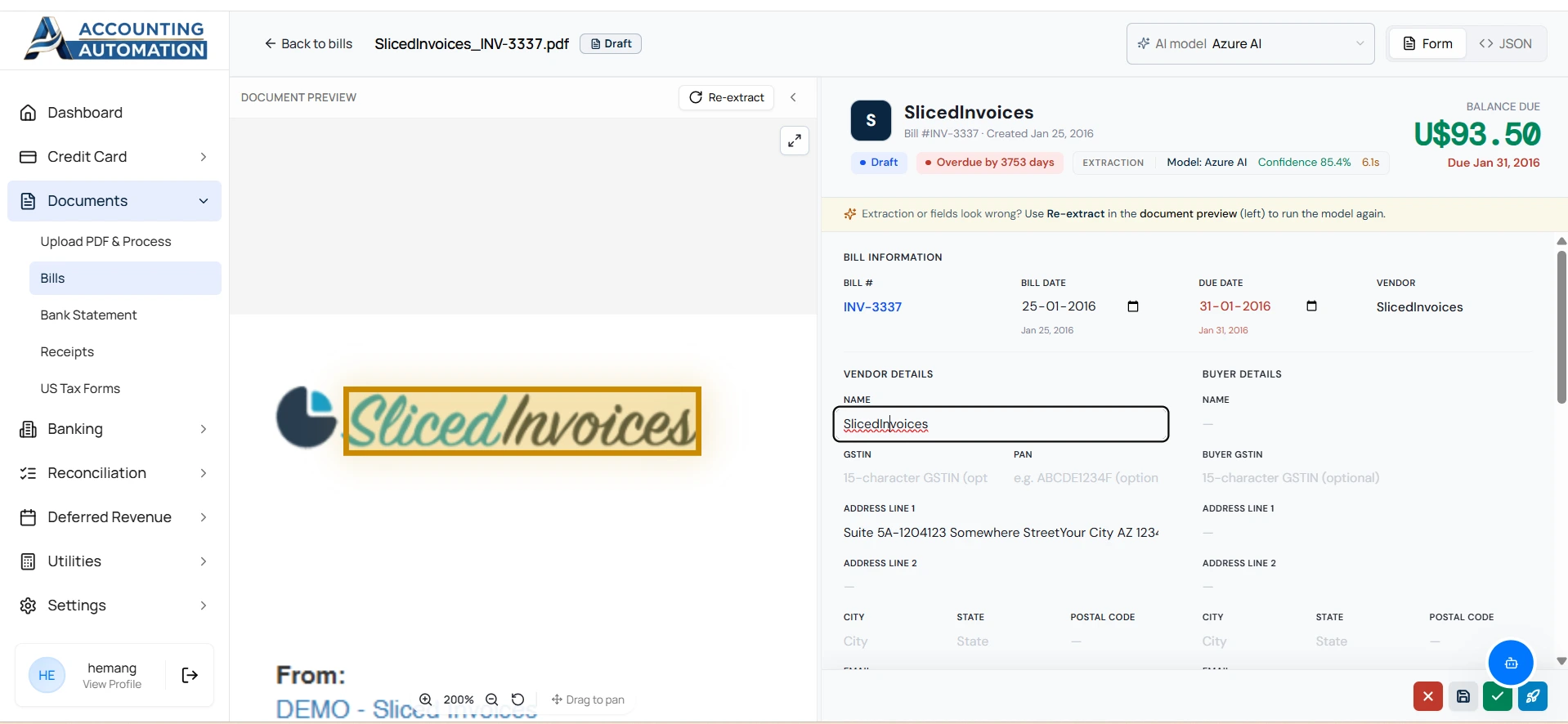 AI powered invoice OCR dashboard with automated vendor data extraction bill processing and accounting workflow review