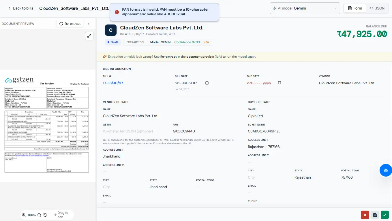 AI invoice processing screen with PAN validation warning, bill extraction review, and accounting document verification form