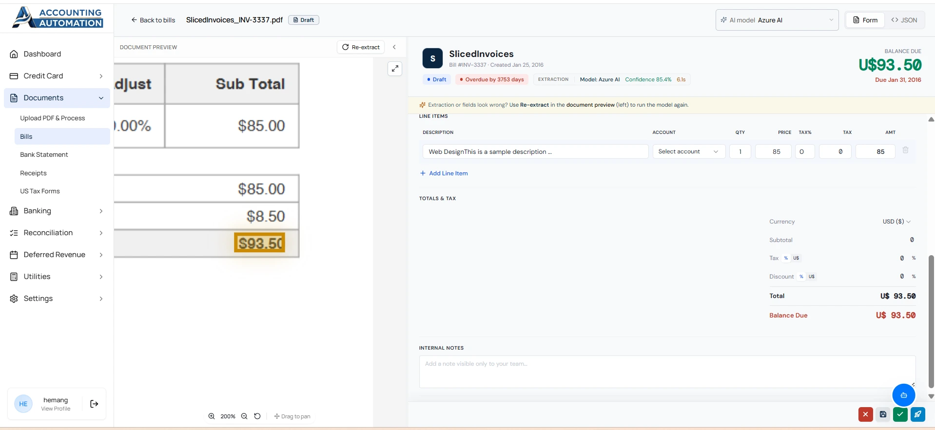 AI invoice processing interface with OCR extracted line items tax totals and automated accounting bill management