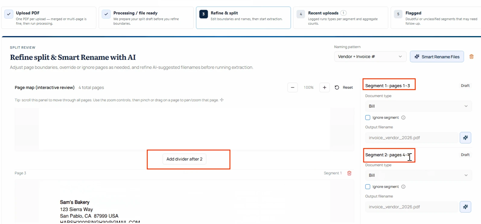 AI PDF split review interface with page segmentation, smart rename controls, and document boundary management workflow