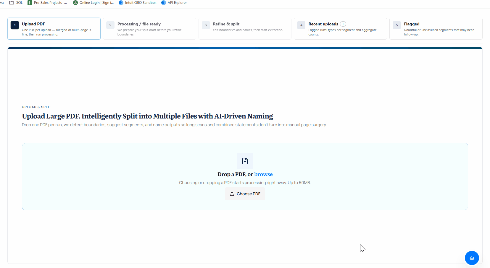 AI-powered PDF upload and split workflow interface with smart document segmentation and automated file naming