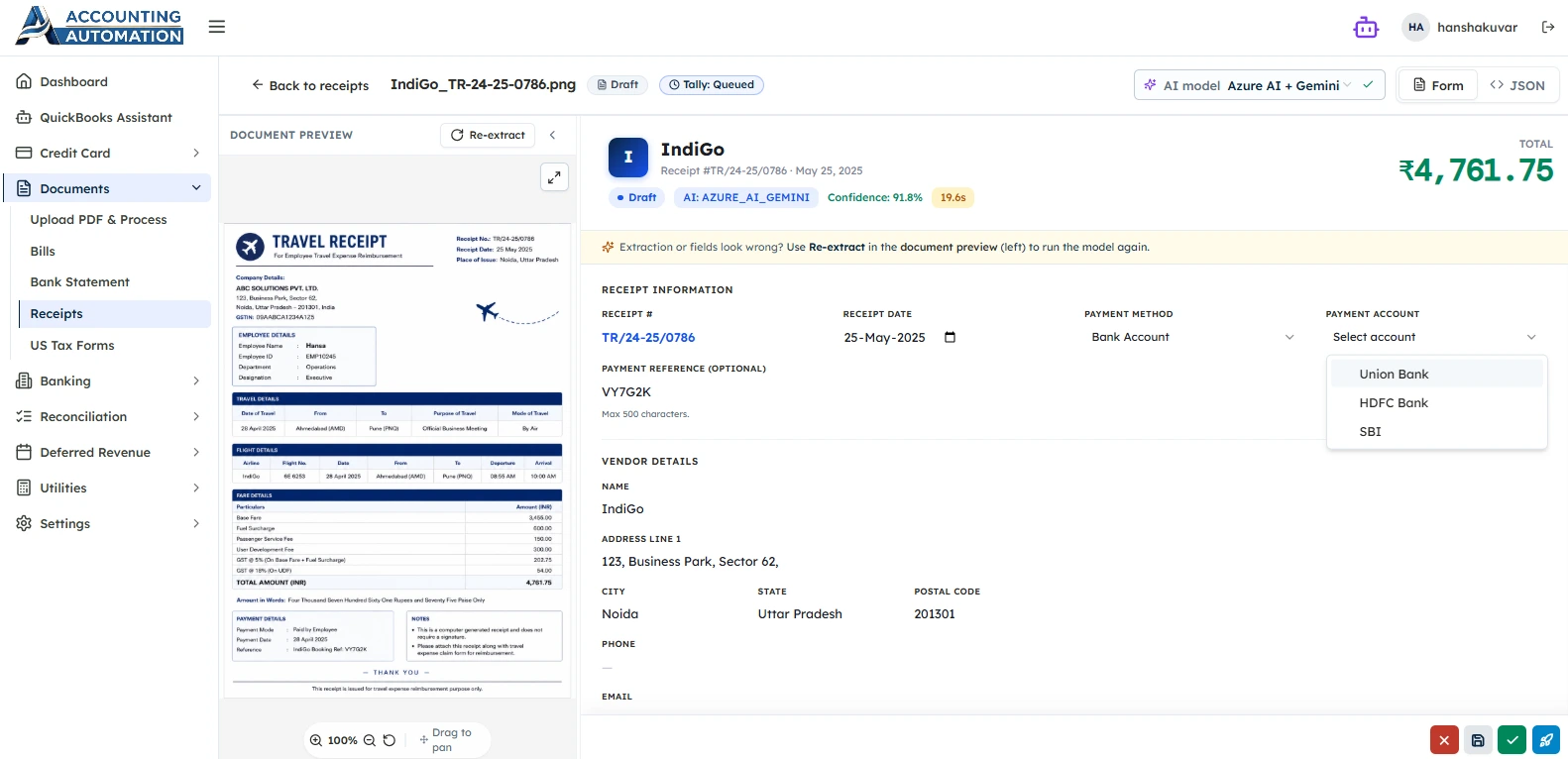 AI receipt extraction dashboard with travel receipt preview, payment account mapping, and automated expense processing