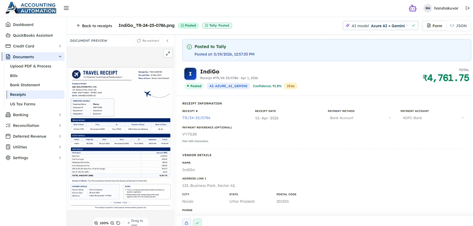 AI receipt processing screen showing successful Tally posting, travel receipt extraction, and automated accounting sync