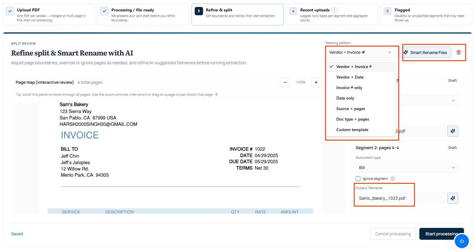 AI smart rename interface for split PDF documents with filename patterns, segment review, and automated naming rules