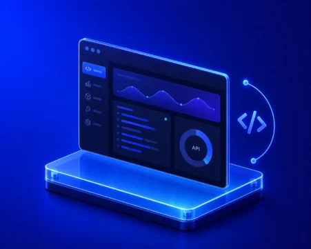 Glowing API analytics dashboard with developer interface, charts, and integration code icon on futuristic blue platform
