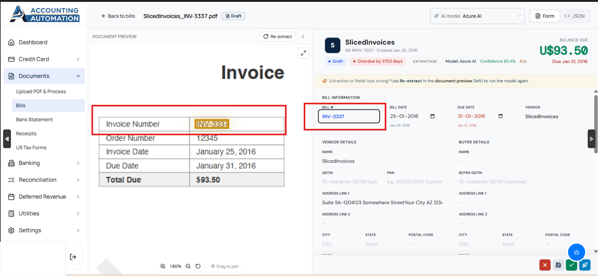 PDF auto-zooms to the invoice number region when the Invoice Number field is selected