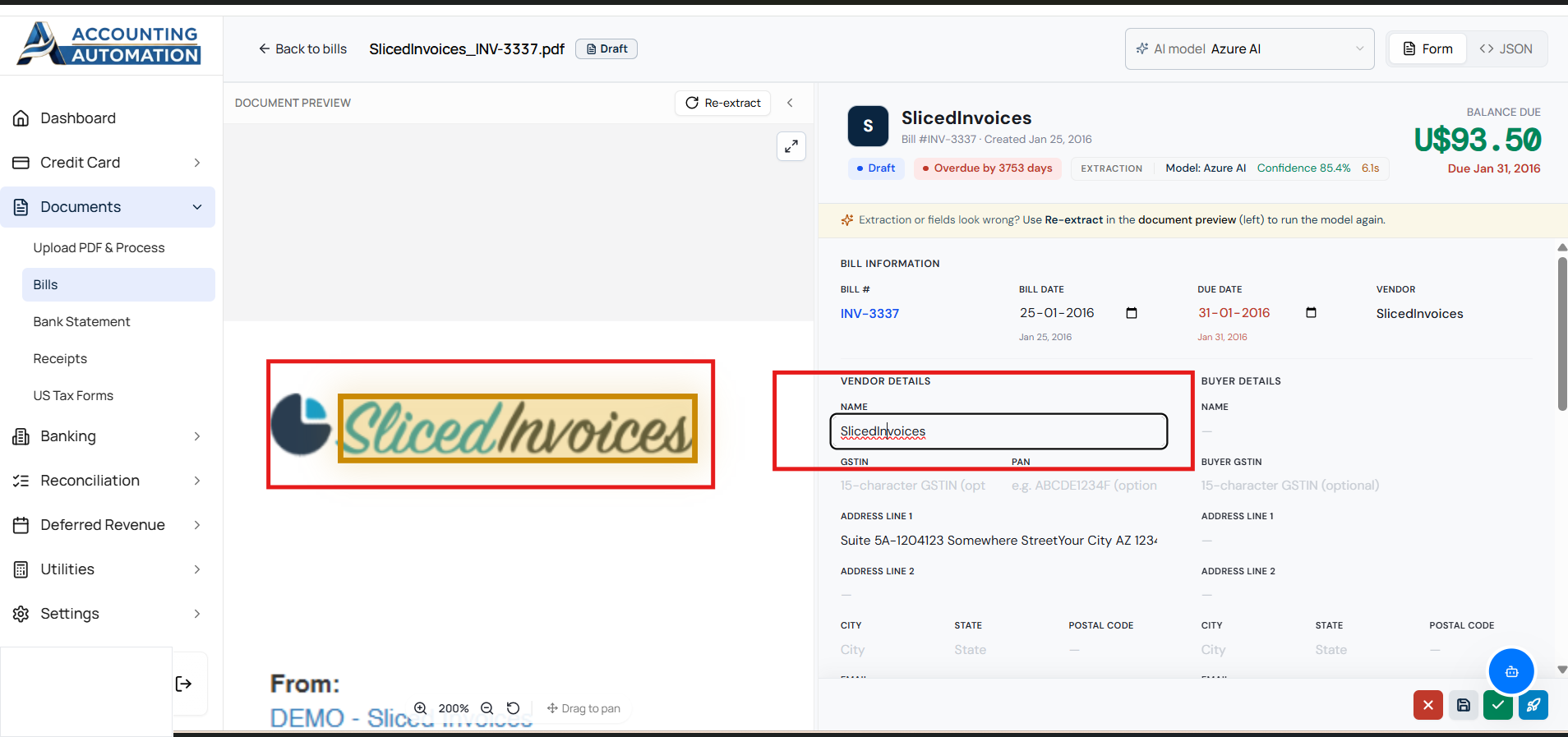 PDF auto-zooms to the vendor logo region when the Vendor Name field is selected