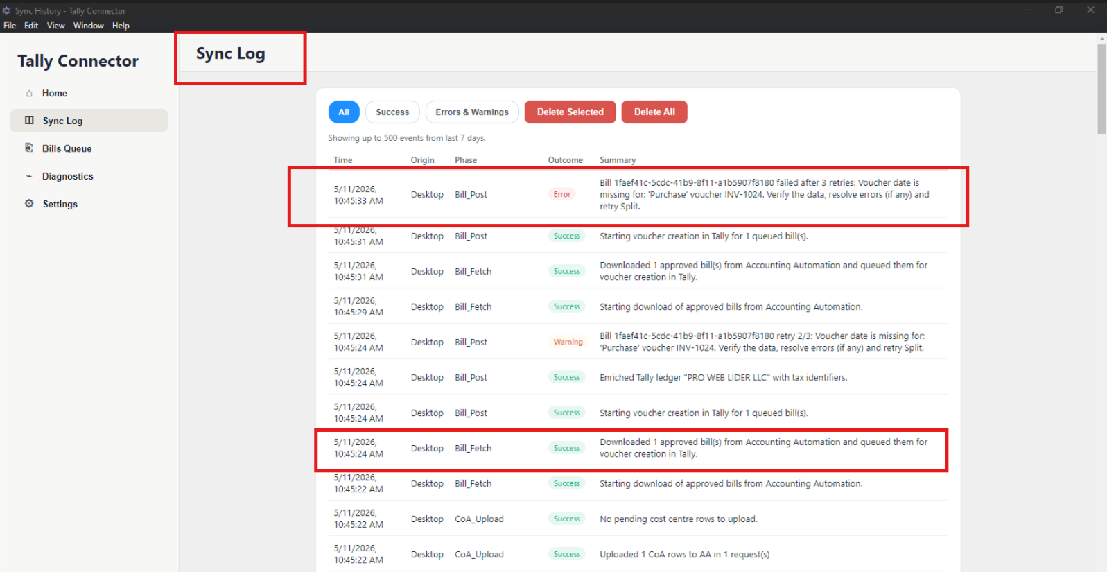 Tally Connector Sync Log filtered to show mixed outcomes: a red Error row reporting 'Bill failed after 3 retries: Voucher date is missing for Purchase voucher INV-1024', alongside Success and Warning rows.