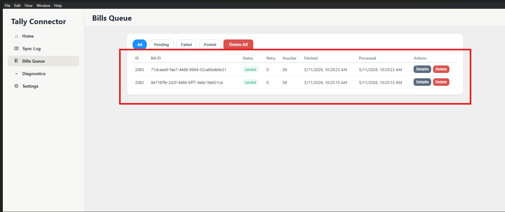 Tally Connector desktop companion Bills Queue page showing two rows of posted bills with bill ID, status posted, voucher numbers 59 and 58, fetched and processed timestamps, and Details/Delete actions.