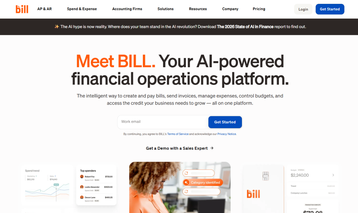 BILL AI-powered financial operations platform homepage for invoices, expenses, AP automation, and business payments