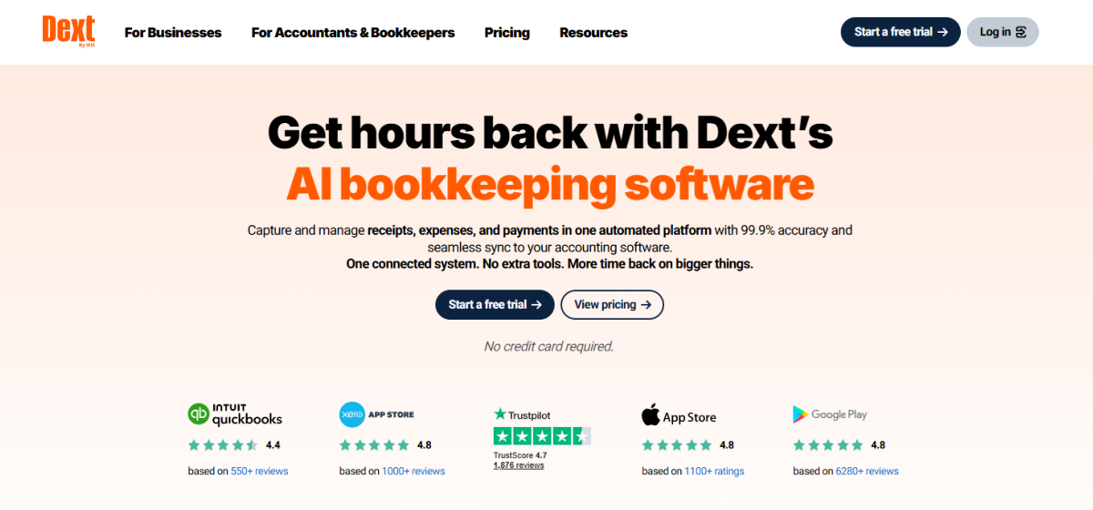 Dext AI bookkeeping software homepage promoting automated receipt, expense, and payment management for businesses