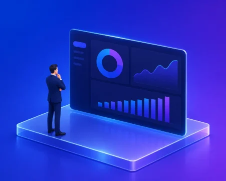 Executive reviewing a glowing financial analytics dashboard with charts, KPIs, and business insights on blue gradient background