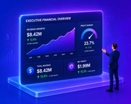 Executive financial dashboard showing revenue growth profit margin net profit and business performance analytics insights