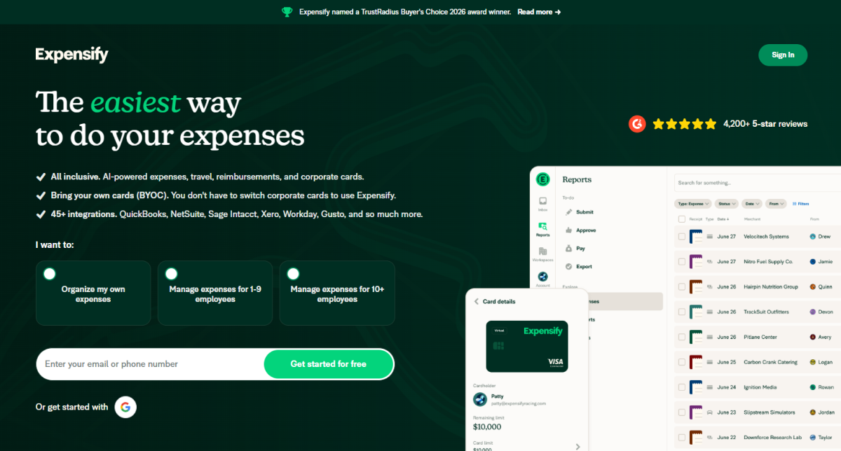 Expensify expense management platform homepage with AI-powered expense tracking, reimbursements, and integrations