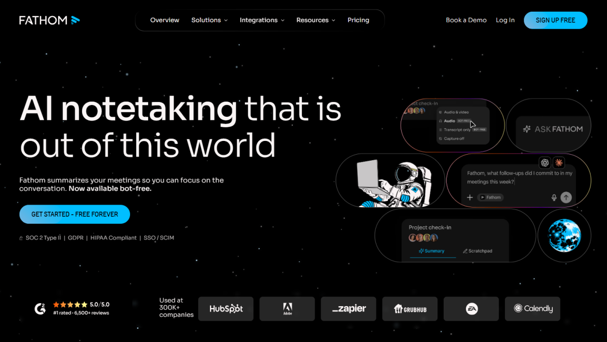 Fathom AI meeting assistant homepage featuring automated notetaking, meeting summaries, and productivity integrations